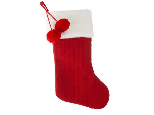 Vianočná dekorácia - Pletená ponožka s brmbolcami a kožušinou, 50 cm